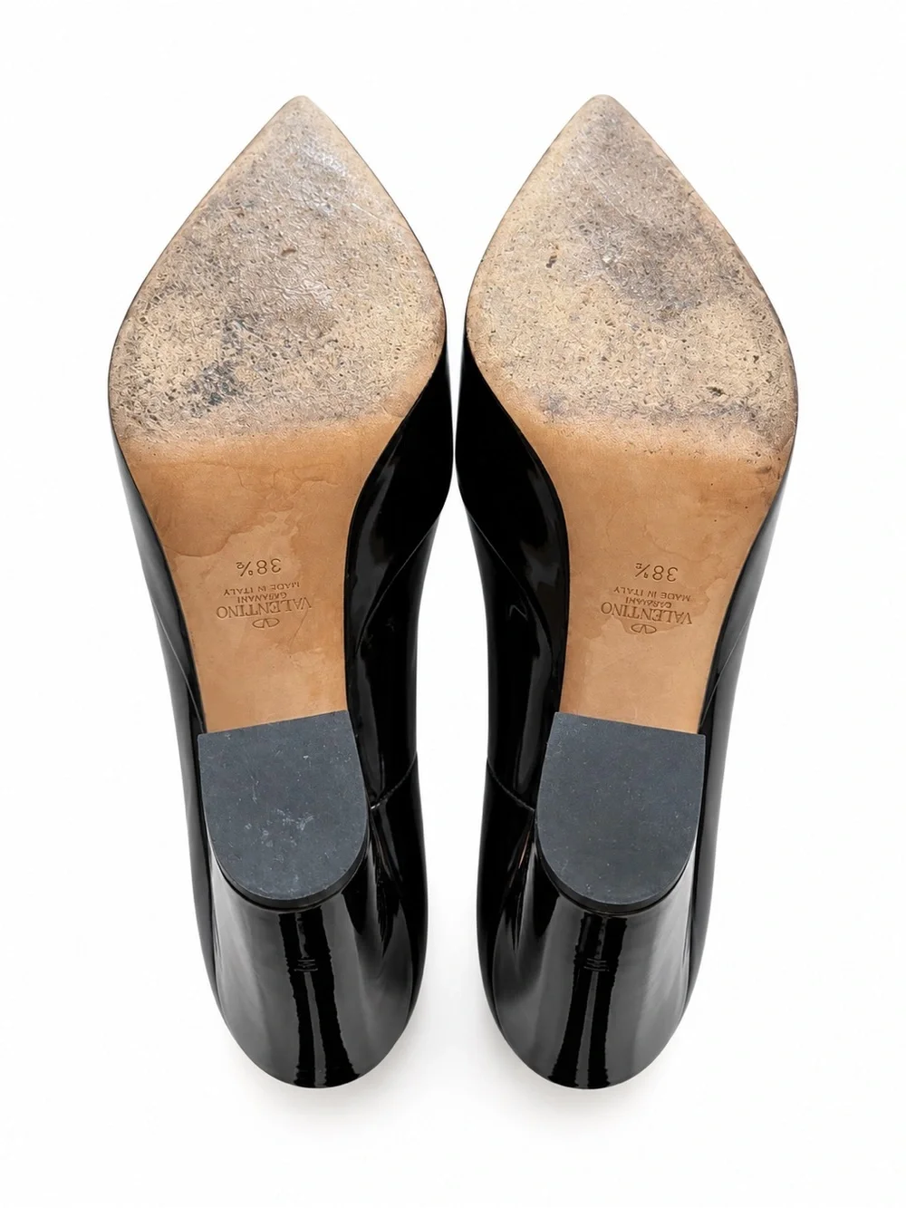 Valentino Black Patent Platform Pumps with Gold Logo Strap